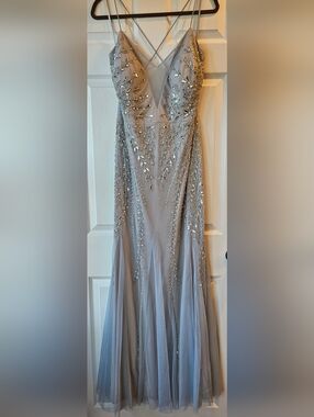 Adrianna Papell Silver Beaded Prom Gown